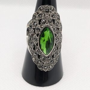 Elegant Stainless Steel, Hematite Band & Green Emerald CZ Gemstone Ring Size 8
